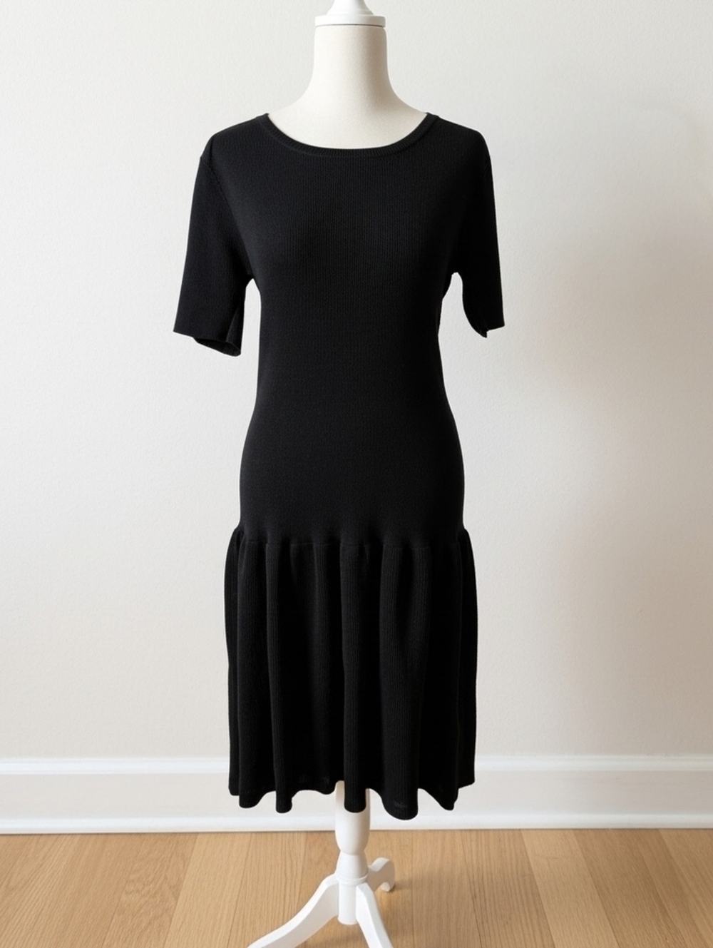 Betsey Johnson Black Stretch Knit Midi Dress with Drop Waist Skirt
